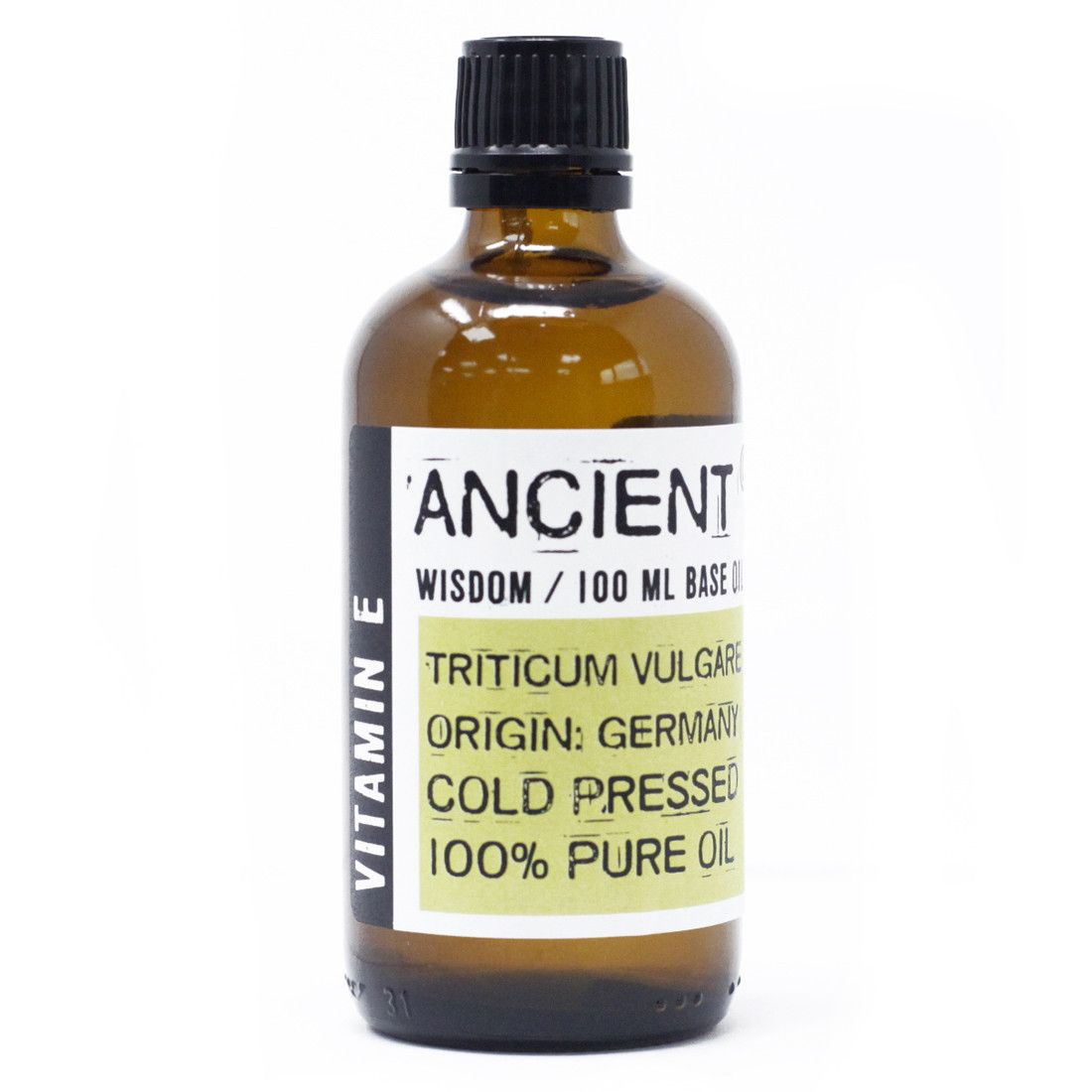 Bottle of Ancient Wisdom vitamin E oil on a white background