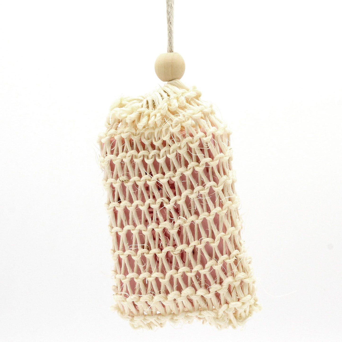 Beige mesh soap bag with wooden bead on a white background