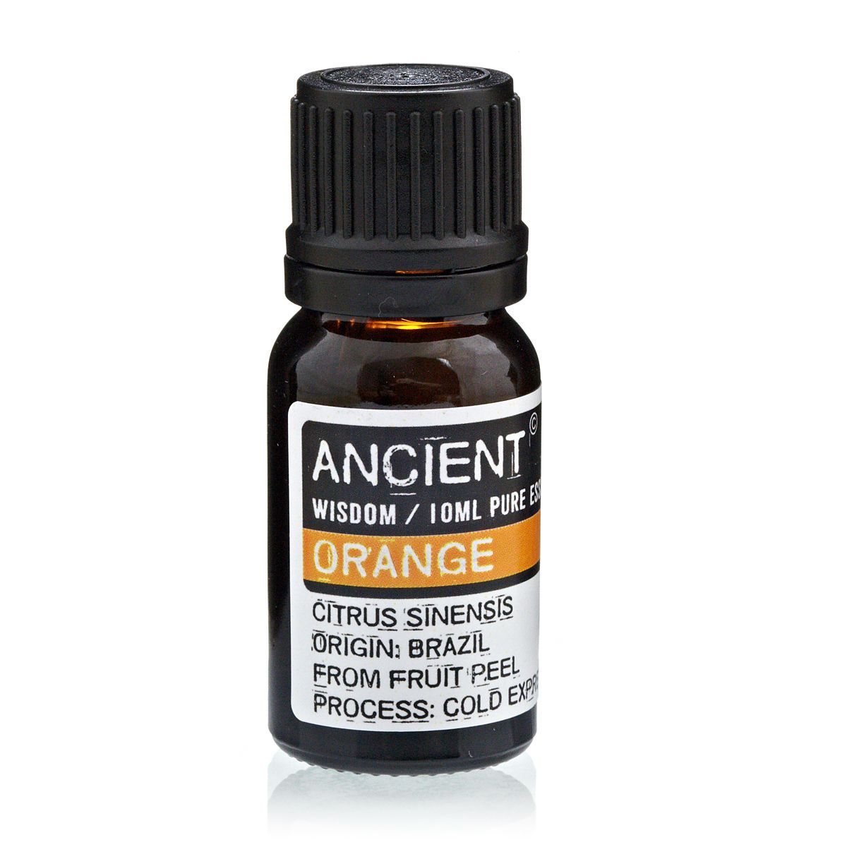 Orange essential oil bottle with label on a white background