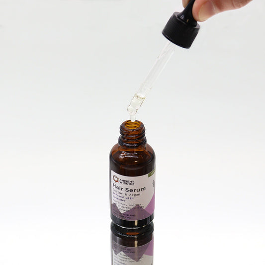 Hair serum bottle with dropper on a white background