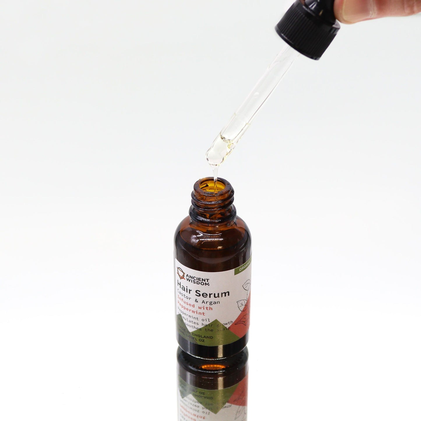 Hair serum bottle with dropper on a white background