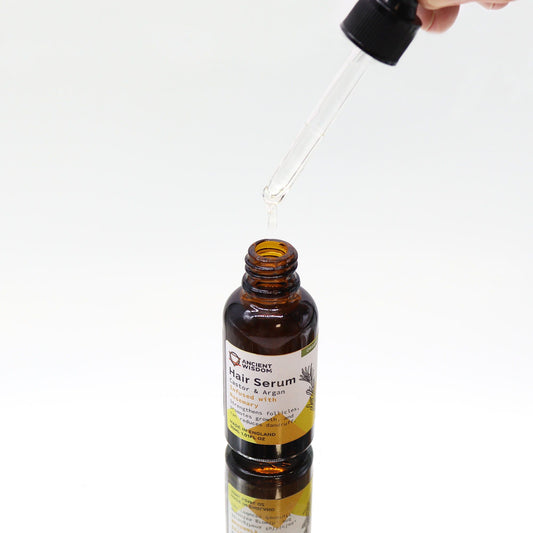 Hair serum bottle with dropper on a white background