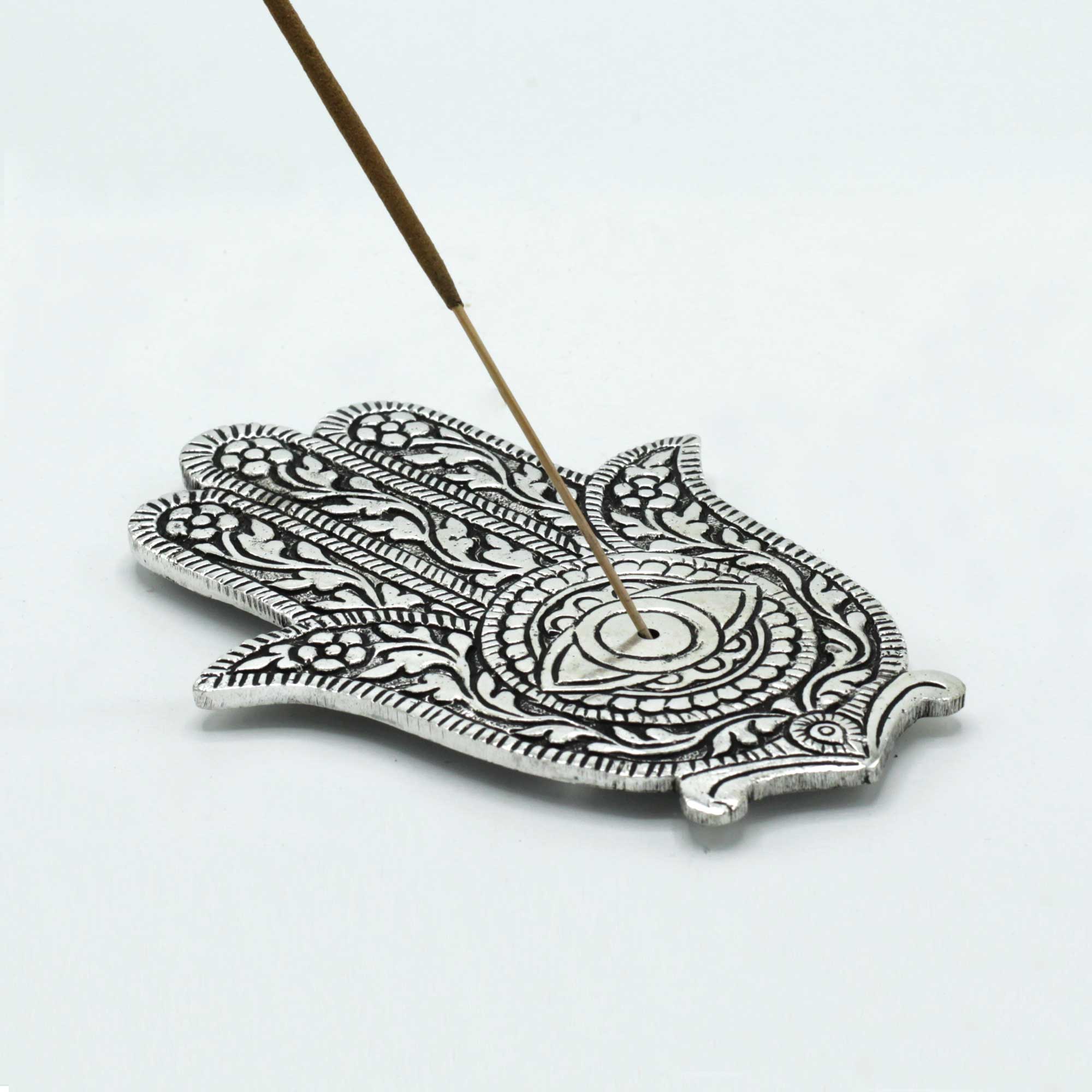 Polished Aluminium Hamsa Incense Holder, meticulously crafted in India.