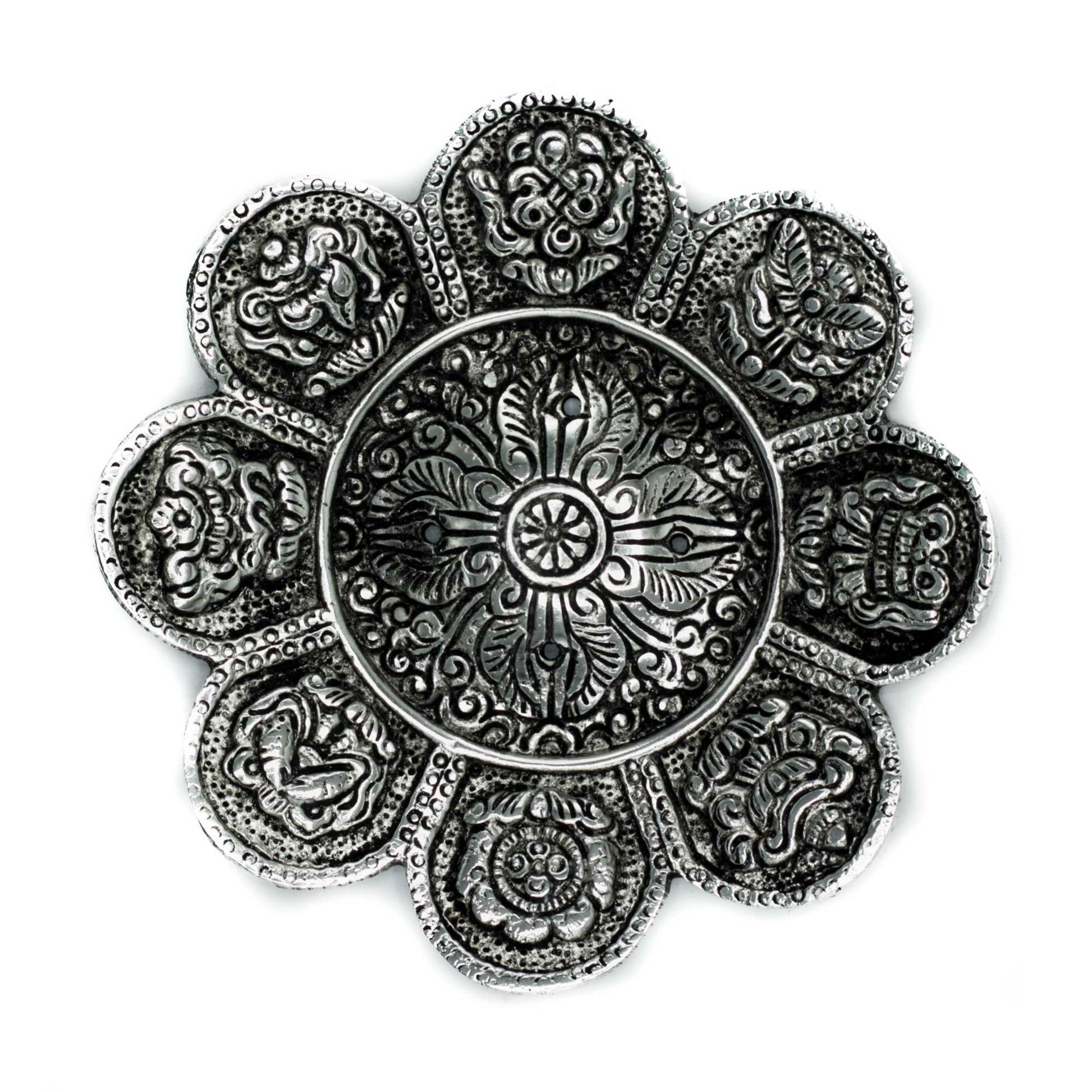 Polished Aluminium Tibetan Symbols Incense Holder, meticulously crafted in India.