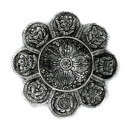 Polished Aluminium Tibetan Symbols Incense Holder, meticulously crafted in India.