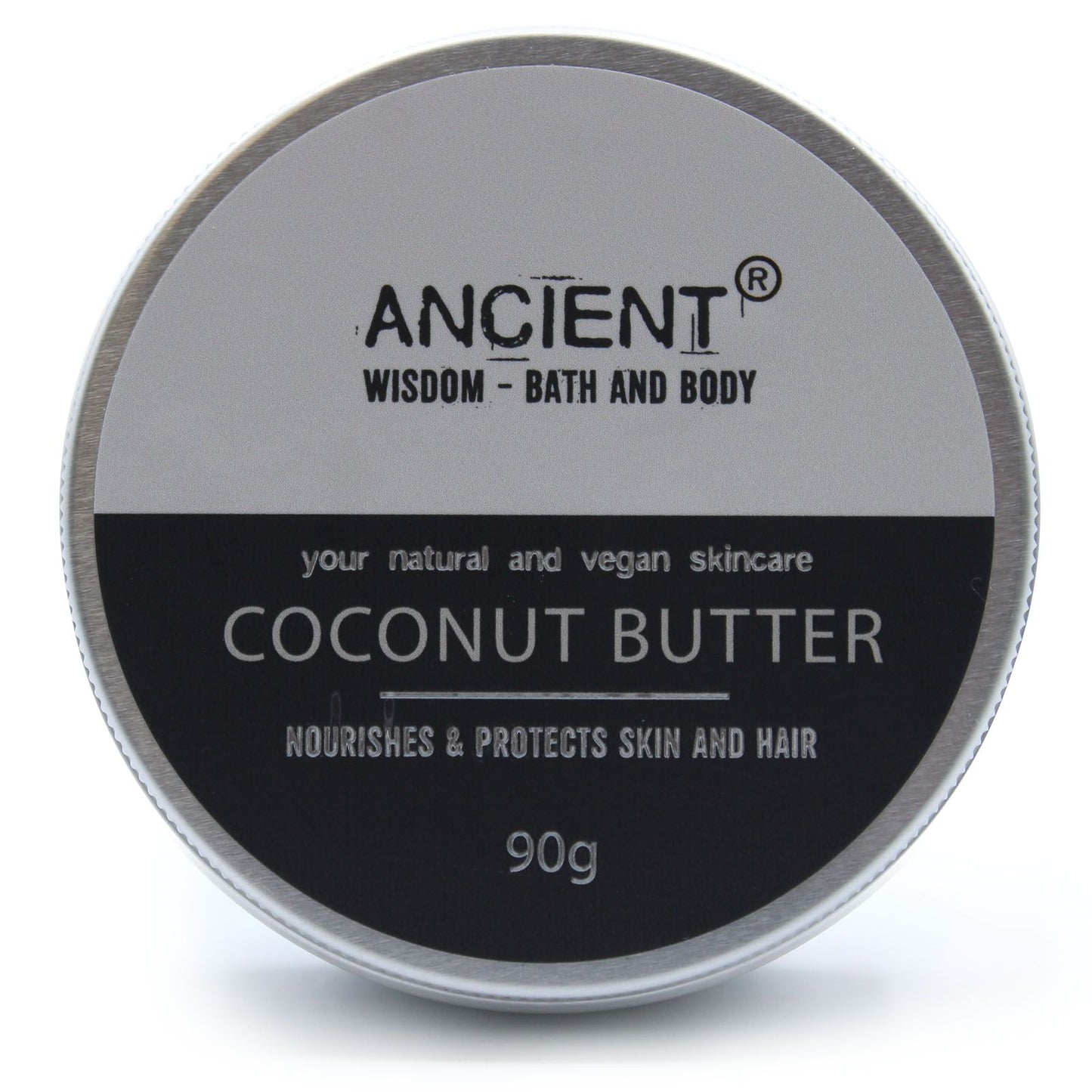 Container of Ancient Wisdom Bath and Body coconut butter on a white background