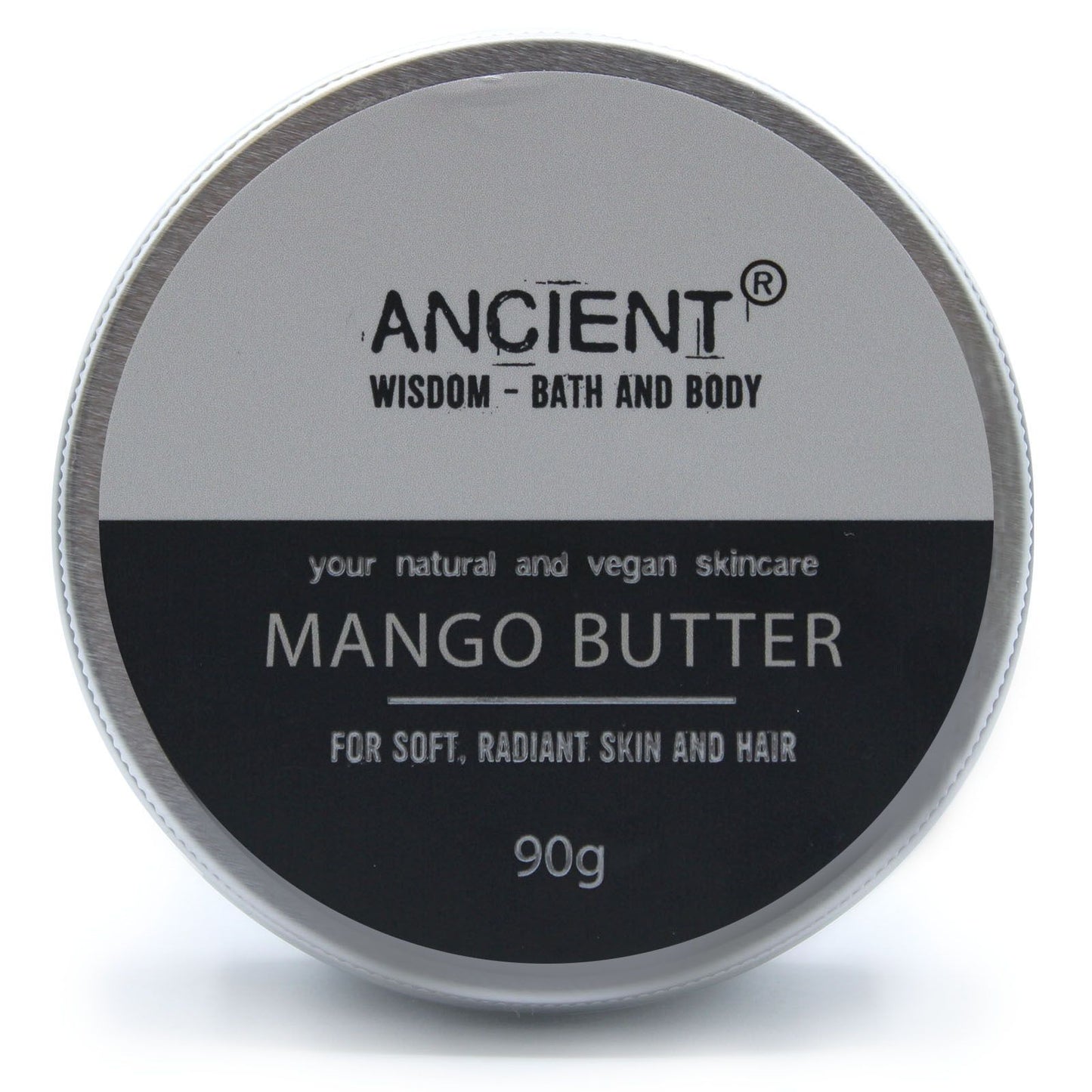 Mango butter container with 'Ancient Wisdom Bath and Body' branding on a white background