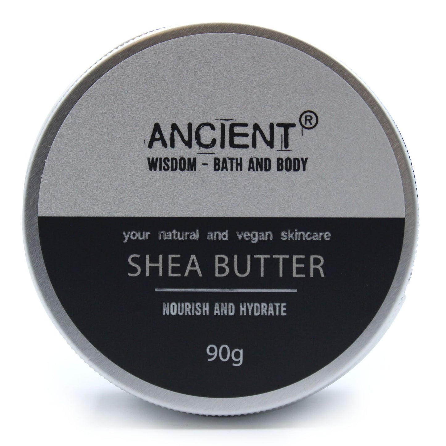 Shea butter container with 'Ancient Wisdom Bath and Body' branding on a white background