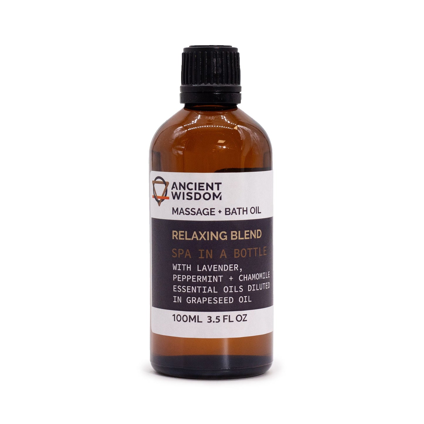 Bottle of Ancient Wisdom massage and bath oil on a white background