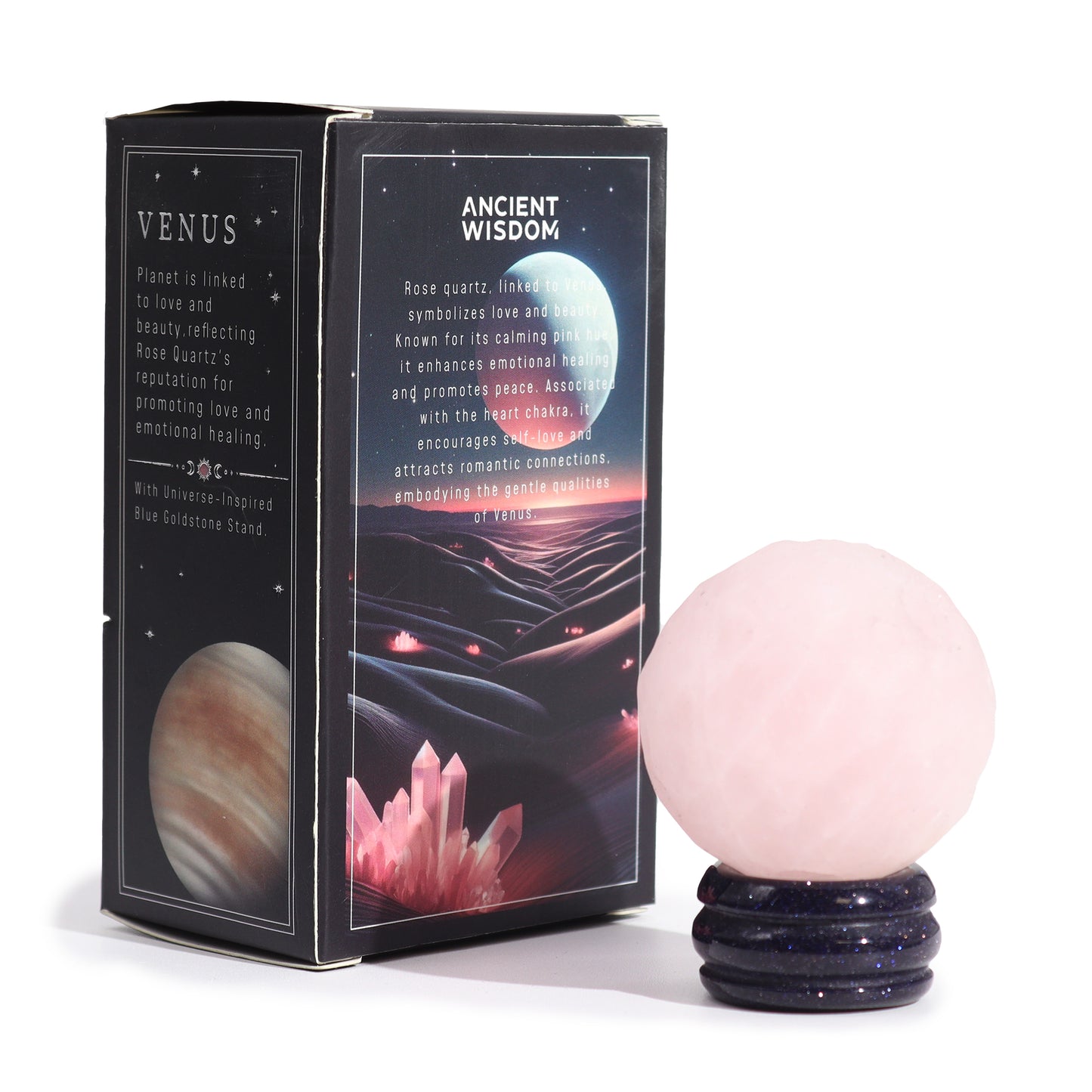 Carefully crafted from natural rose quartz, this miniature planet represents the energy of Venus love, beauty and harmony.
