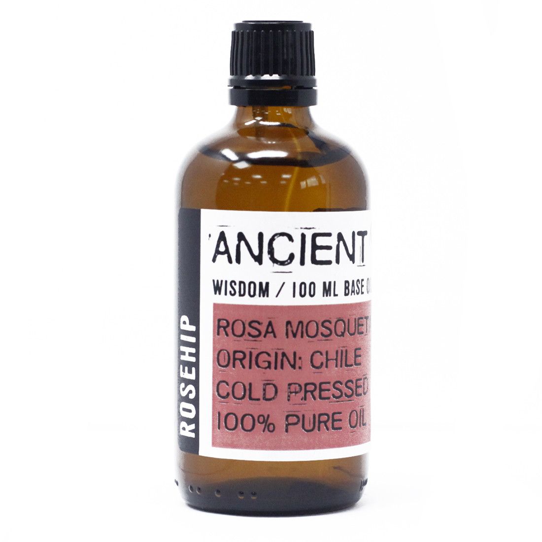 Bottle of rosehip oil with a label on a white background