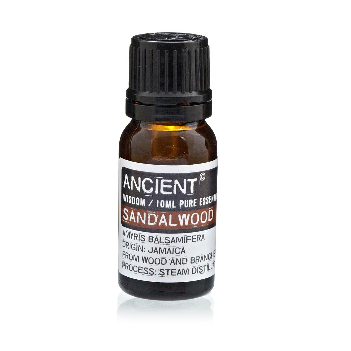 Sandalwood essential oil bottle with label on a white background