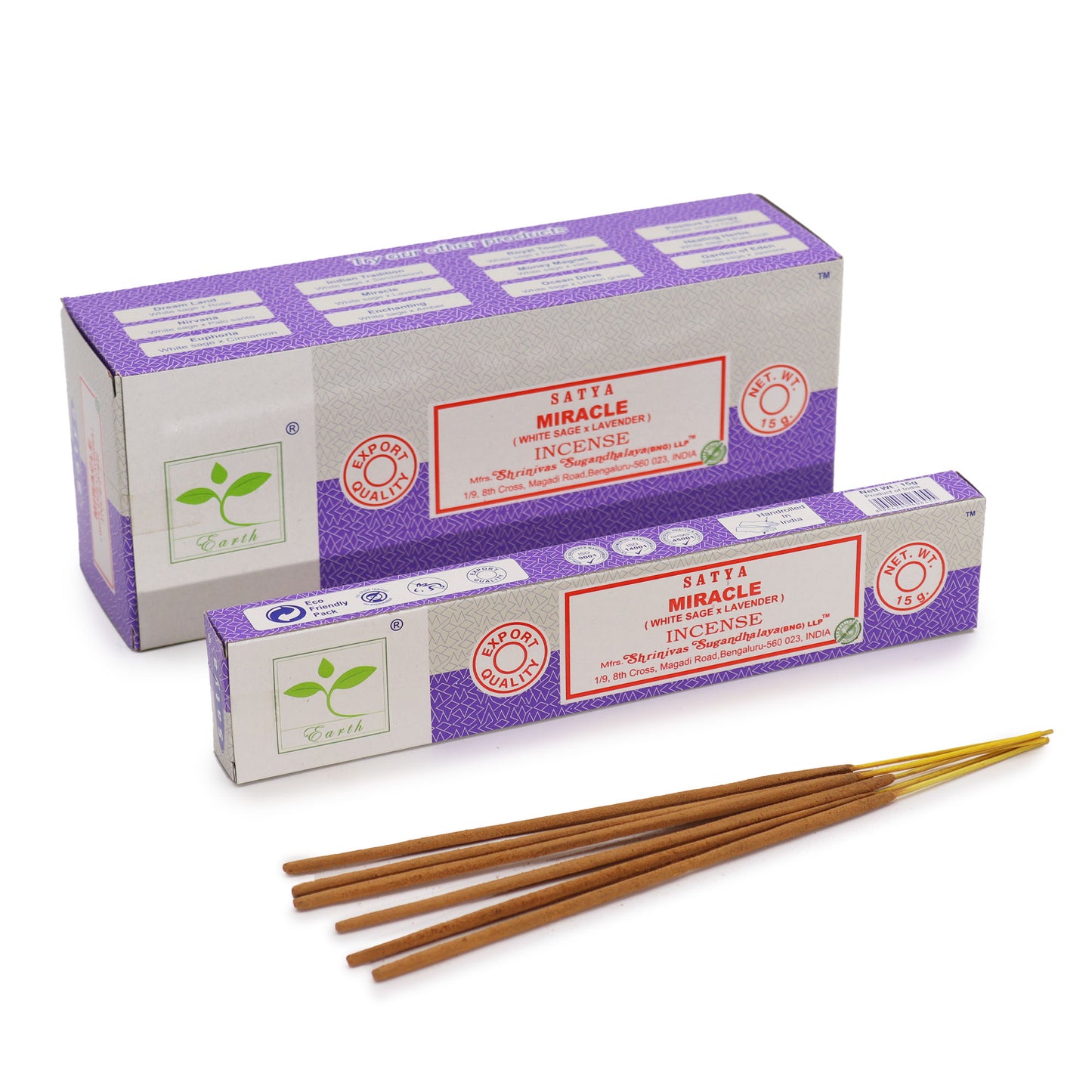 Experience the calming and cleansing fragrance of Satya Incense Sticks Miracle (White Sage & Lavender). A premium blend crafted by the renowned Satya brand.