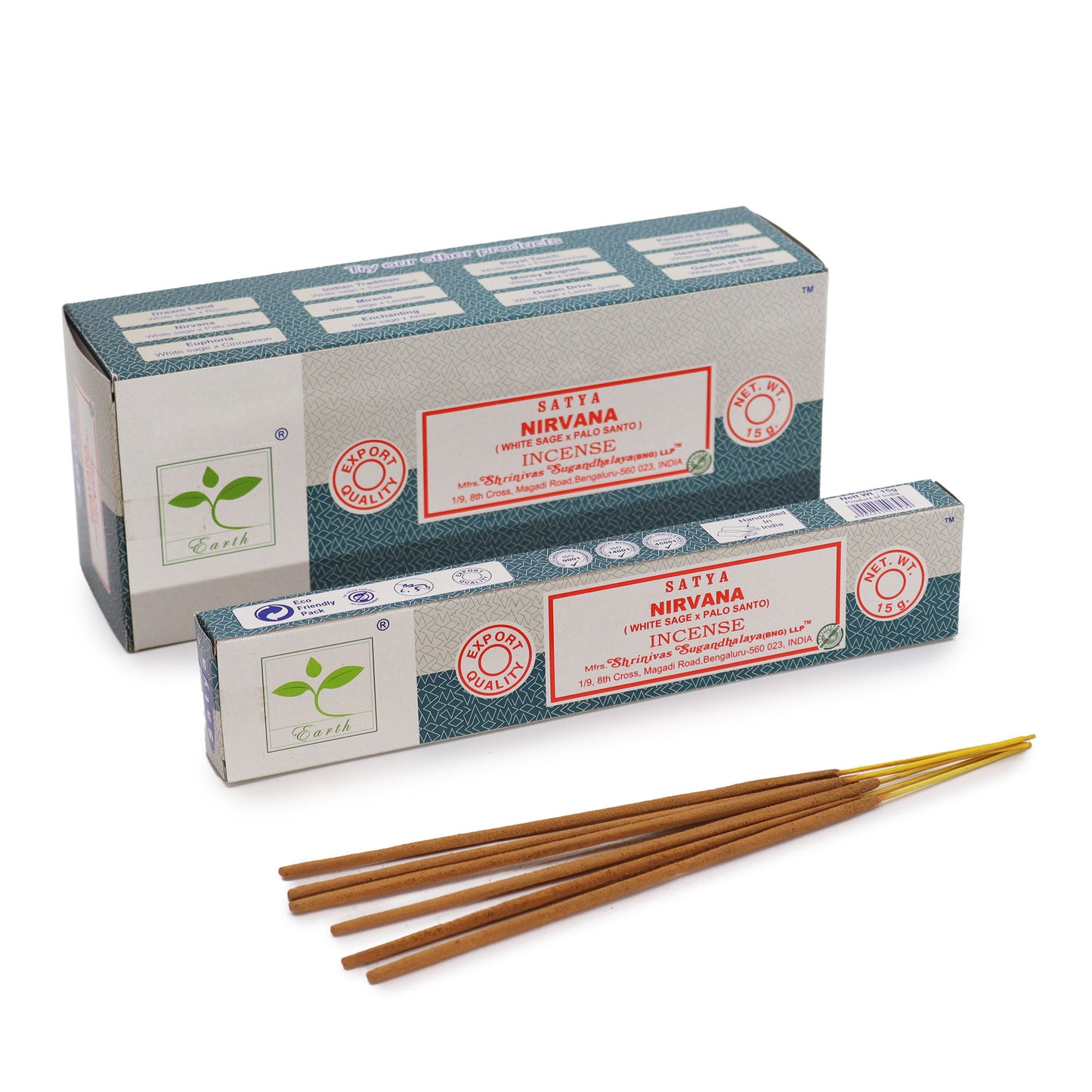 Experience the calming and cleansing fragrance of Satya Incense Sticks Nirvana (White Sage & Palo Santo). A premium blend crafted by the renowned Satya brand.