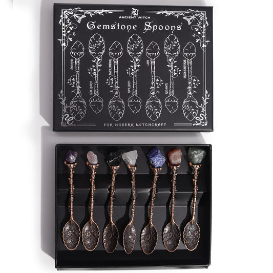 Set of 7 Bronze Gemstone Crystal Witch Spoons. Each spoon is beautifully crafted with a natural gemstone supplied boxed