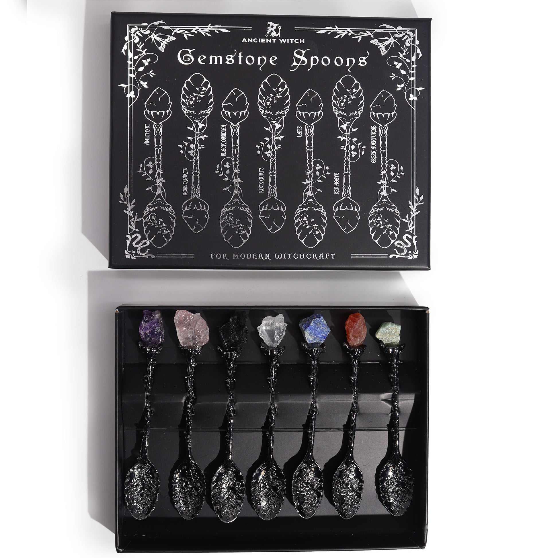 Set of 7 Dark Silver Gemstone Crystal Witch Spoons. Each beautifully finished spoon features a natural gemstone, chosen for its unique energetic qualities, making this set perfect for meditation, spellwork, or mindful daily use boxed