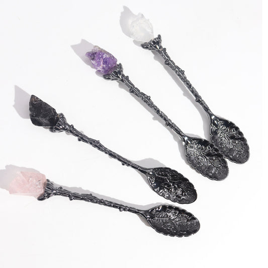 Set of 7 Dark Silver Gemstone Crystal Witch Spoons. Each beautifully finished spoon features a natural gemstone, chosen for its unique energetic qualities, making this set perfect for meditation, spellwork, or mindful daily use.
