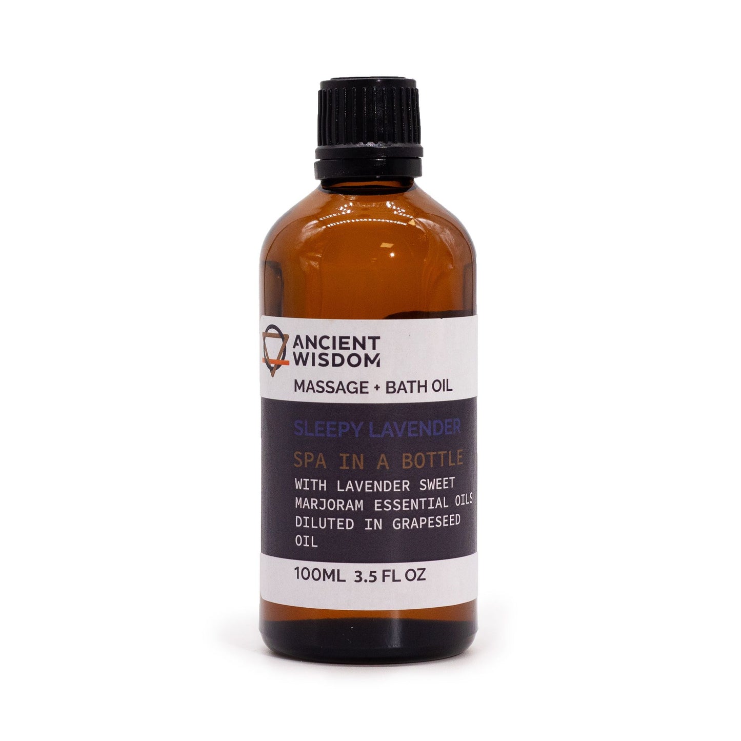 Bottle of Ancient Wisdom Sleepy Lavender Massage & Bath Oil on a white background