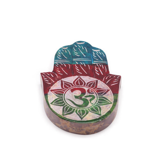 Add a touch of elegance and tranquillity to your space with a soapstone hamsa incense holder OM.
