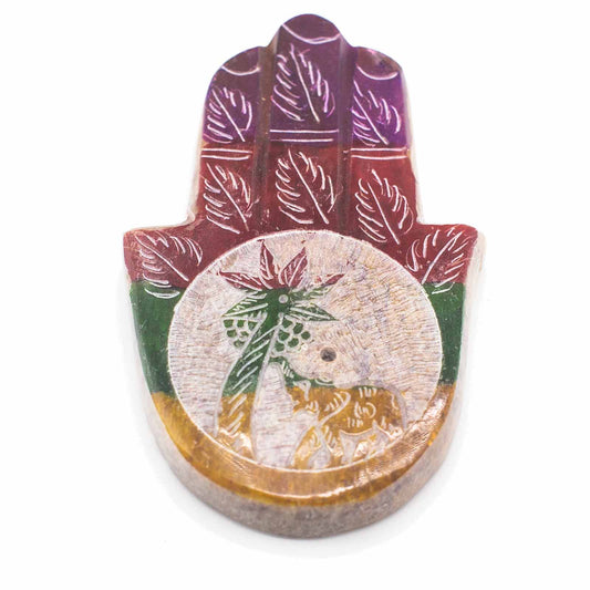 Add a touch of elegance and tranquillity to your space with a soapstone hamsa incense holder elephant & palm.