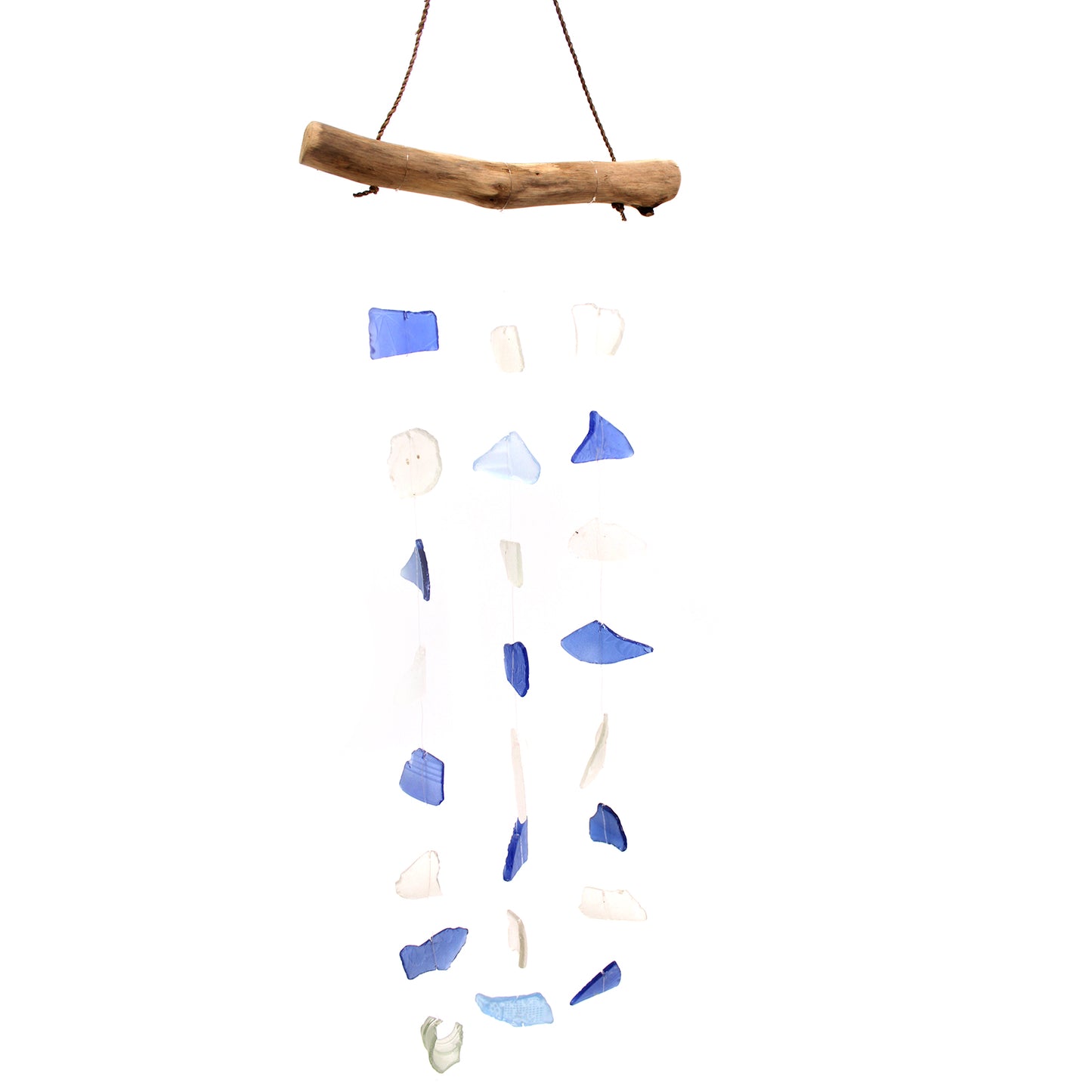 Bring harmony and a touch of nature to your outdoor space with a Recycled Glass Wind Chime Three Drop Blue & White. Handmade in Indonesia by skilled artisans