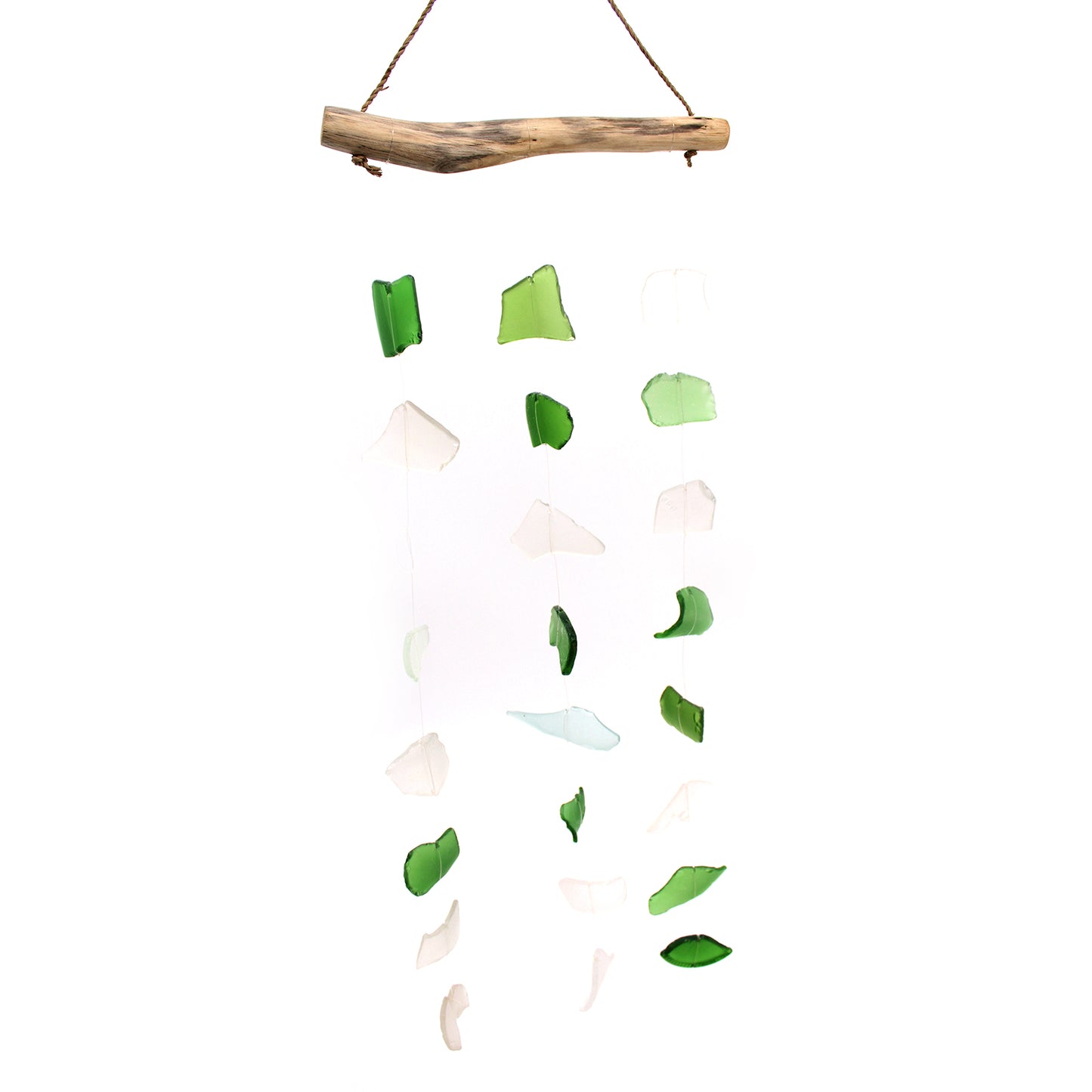 Bring harmony and a touch of nature to your outdoor space with a Recycled Glass Wind Chime Three Drop Green & White Handmade in Indonesia by skilled artisans