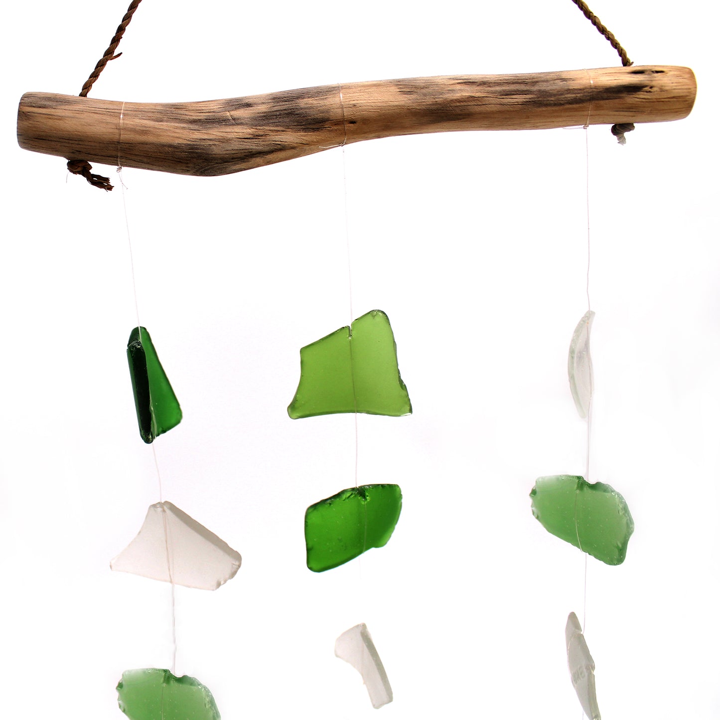 Bring harmony and a touch of nature to your outdoor space with a Recycled Glass Wind Chime Three Drop Green & White