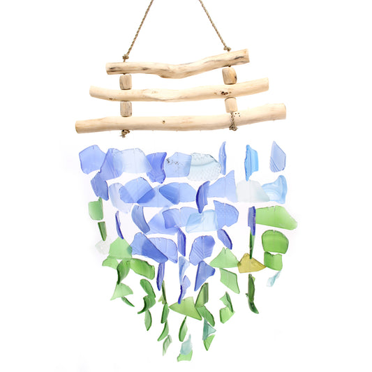 Bring harmony and a touch of nature to your outdoor space with a Recycled Glass Wind Chime Three Stick Blue & Green. Handmade in Indonesia