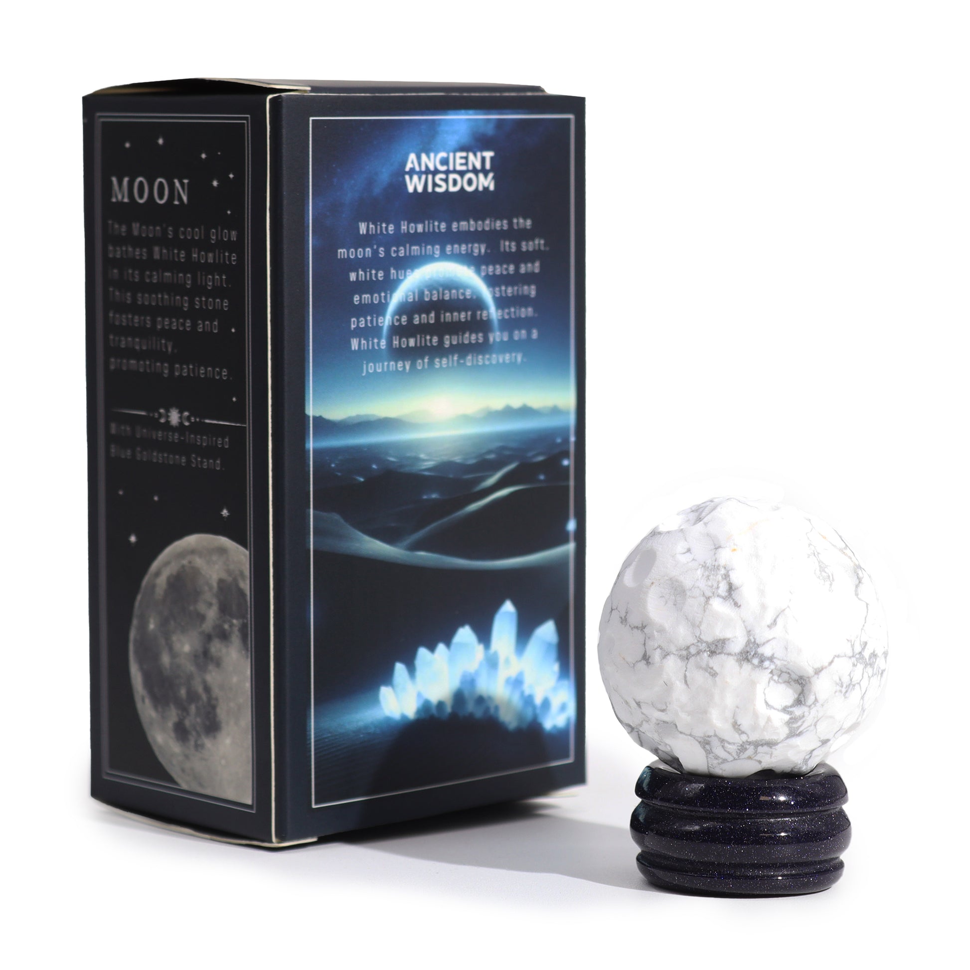 Embrace the calming and reflective energy of the Moon with this elegant White Howlite Planet boxed