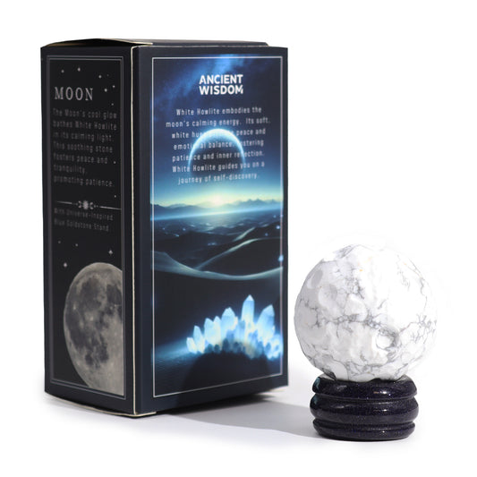 Embrace the calming and reflective energy of the Moon with this elegant White Howlite Planet boxed