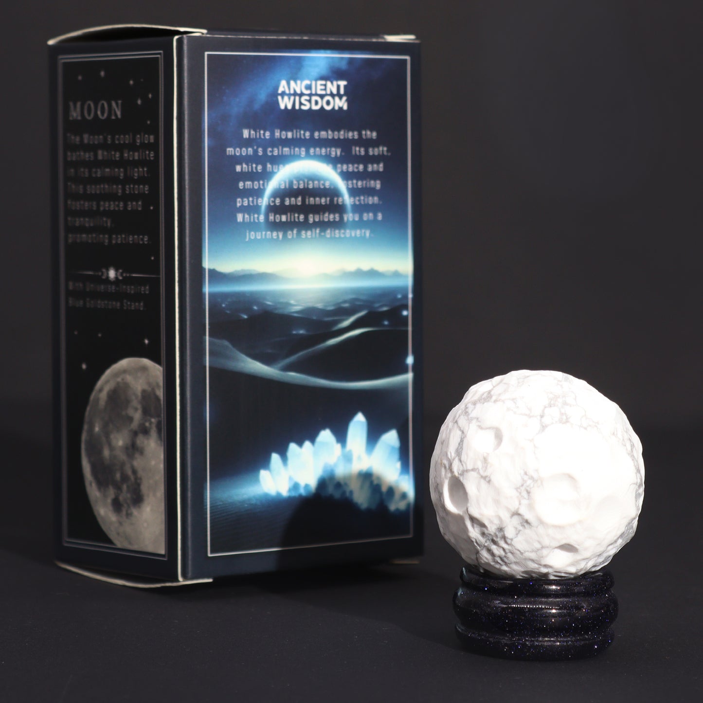 Embrace the calming and reflective energy of the Moon with this elegant White Howlite Planet black background