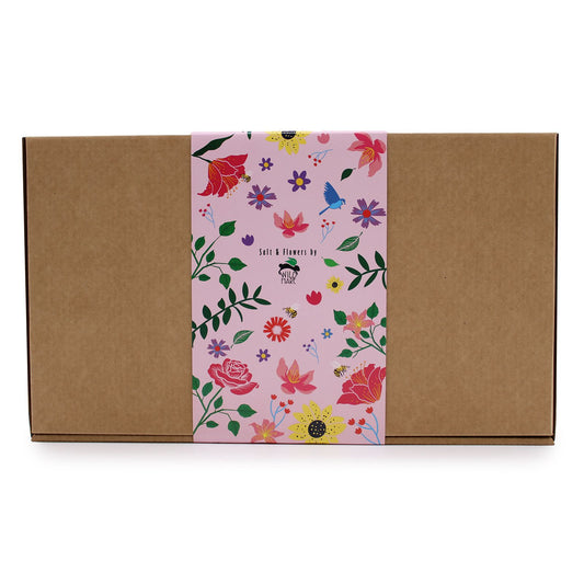 Floral-patterned box with a pink border on a white background