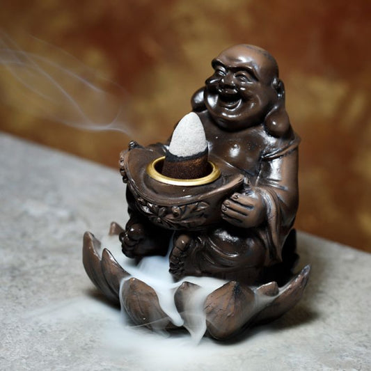 Wood Effect Lucky Buddha Backflow Incense Burner smoke