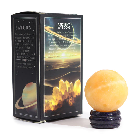 Invite the steady and grounding energy of Saturn with this beautiful Yellow Jade Planet.