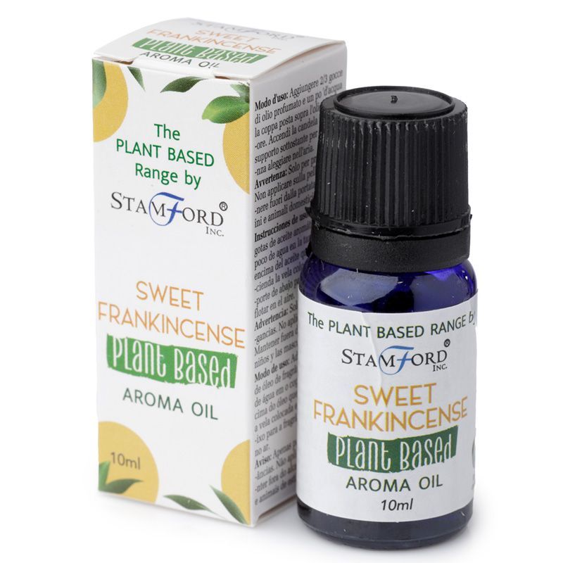 Sweet Frankincense aroma oil bottle and packaging by Stamford Inc. on a white background
