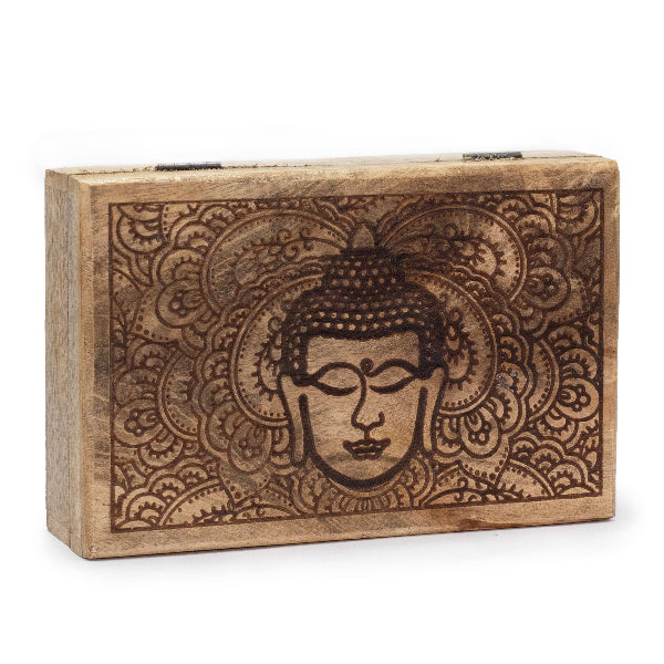 Wooden box with engraved Buddha face and mandala design on a white background