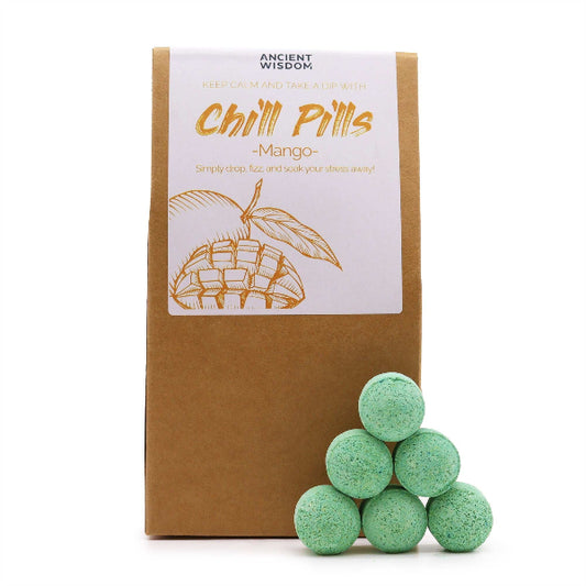 Box of 'Chill Pills Mango' with green pills on a white background