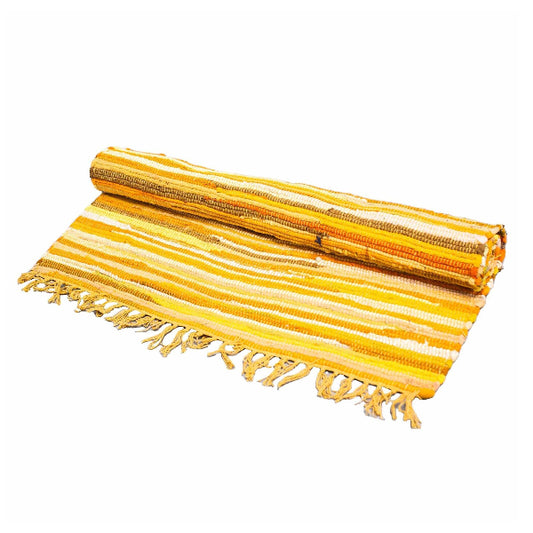 Yellow striped towel with fringes on a white background