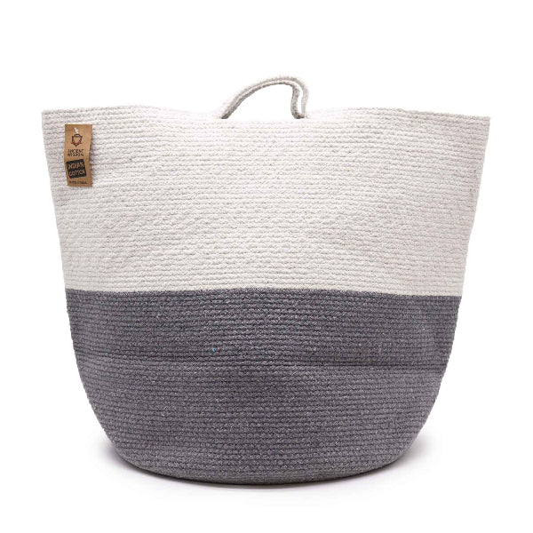 Woven basket with a white top and gray bottom on a white background