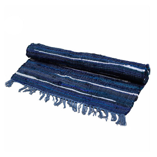 Blue woven blanket with white stripes and fringes on a white background