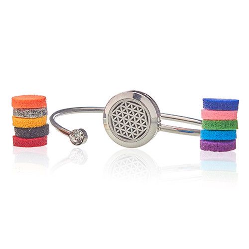 Bangle with a silver flower-of-life design and colorful bands on a white background
