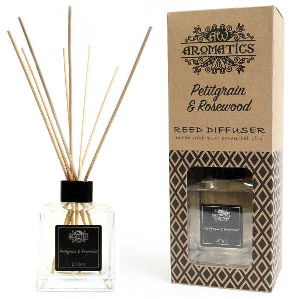 Reed diffuser with packaging labeled 'Petitgrain & Rosewood' by Avo Aromatics on a white background.