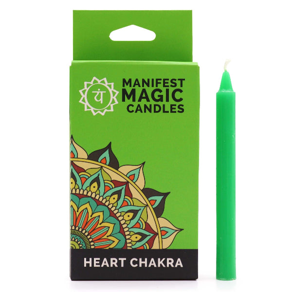 Green candle with 'Manifest Magic Candles' packaging featuring a mandala design.