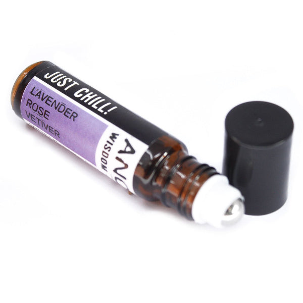Roll-on bottle with lavender label on a white background