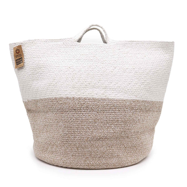 Woven basket with two-tone design on a white background