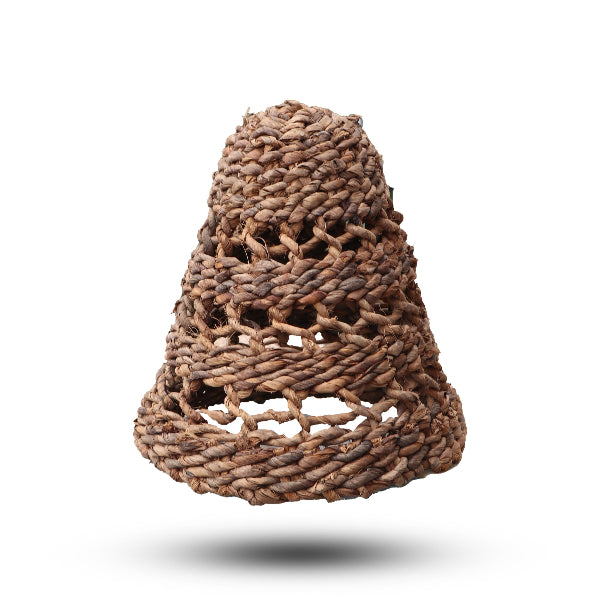 Woven brown cone-shaped object on a white background
