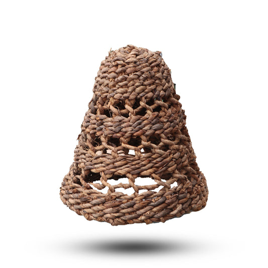 Woven brown cone-shaped object on a white background