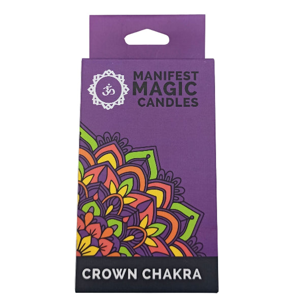 Manifest Magic Candles packaging for Crown Chakra on a purple background
