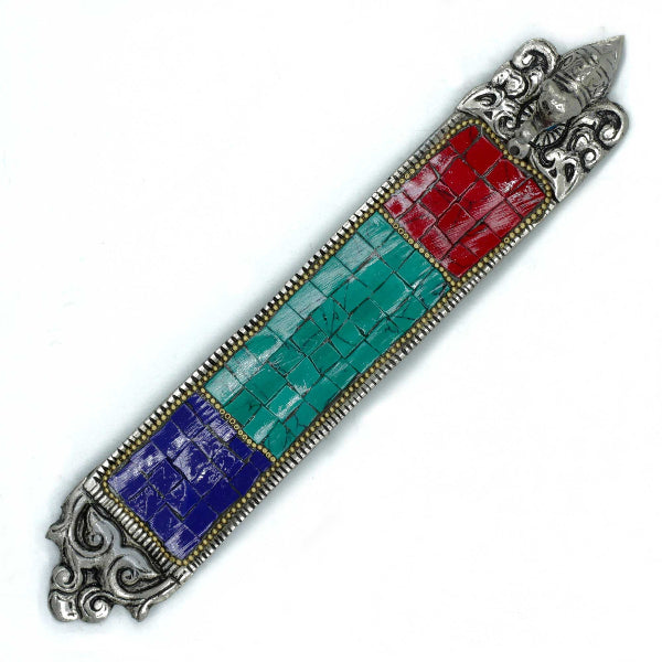 Decorative incense holder with colorful mosaic design and silver embellishments on a white background