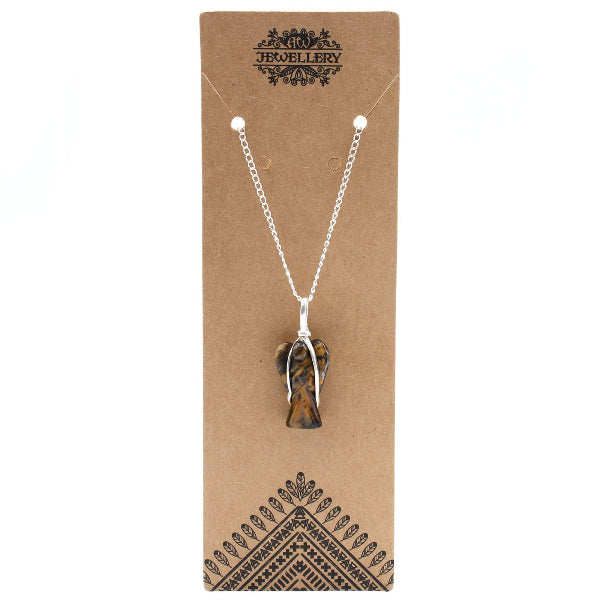 Necklace with a tiger eye pendant on a brown jewelry card
